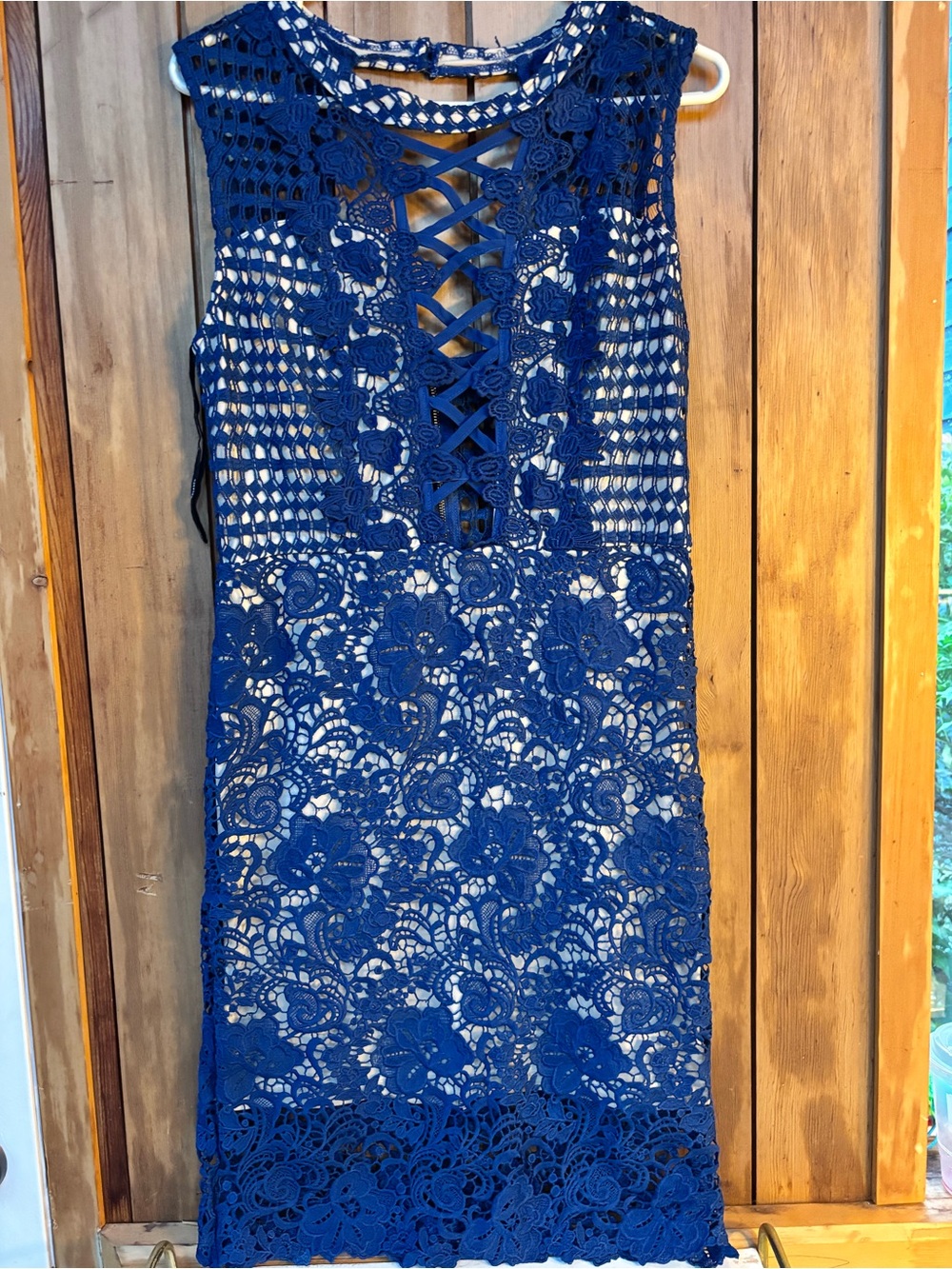Soiéblu Navy Blue Lace Mock Neck Cocktail Dress with Corset Back Size L
